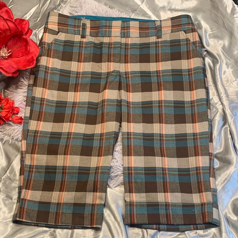 🌹Vintage Matty M • Y2K Plaid Flat-Front Shorts in Brown, Blue & Cream • NWOT